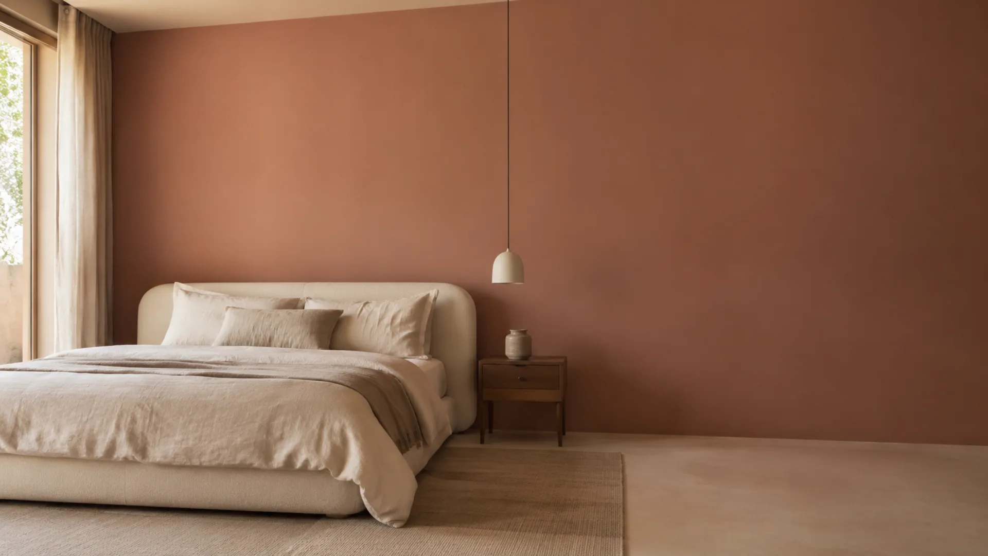 Dormitorio con cama de lino y velador