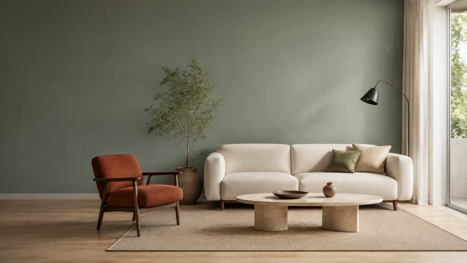 Living con sofá blanco, sillón terracota y árbol