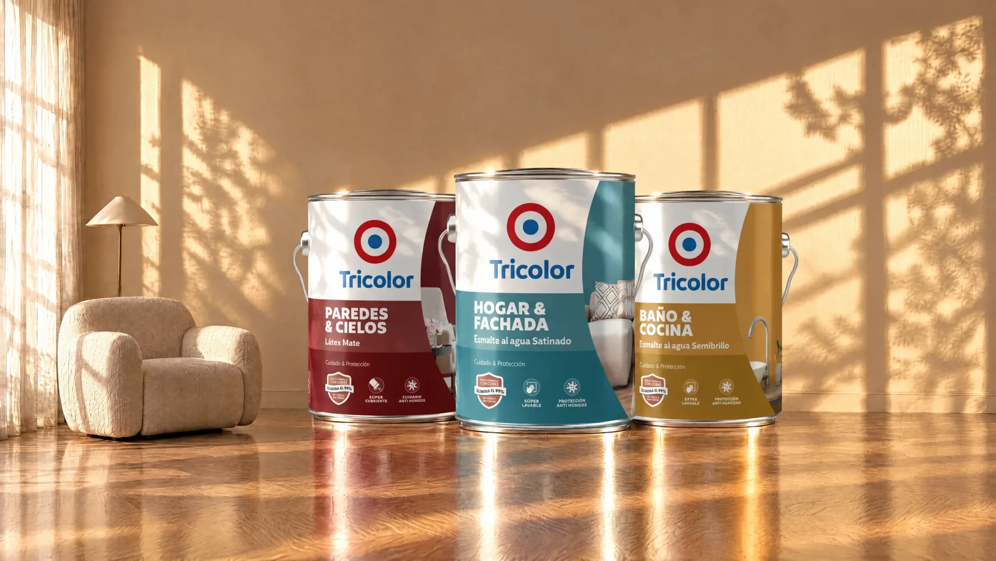 Latas gigantes de Paredes y Cielos, Hogar y Fachada y Baño y Cocina sobre el piso de un living con luz de tarde